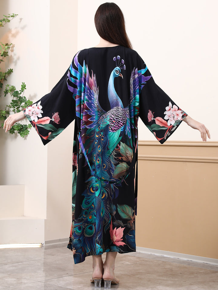 Damen Kimono mit buntem Pfauenmotiv und weitem Schnitt Drune