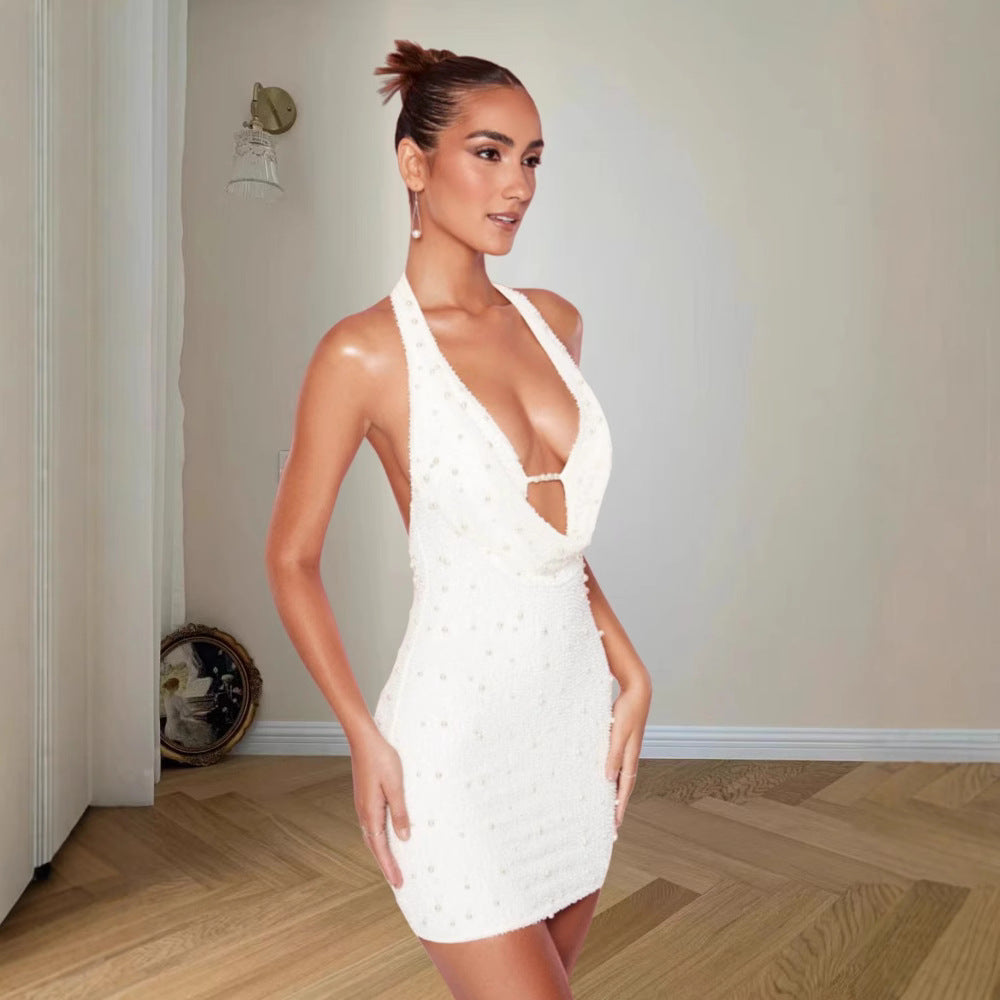 Damen Glamouröses Pailletten-Minikleid mit tiefem V-Ausschnitt und Halter-Design Drune