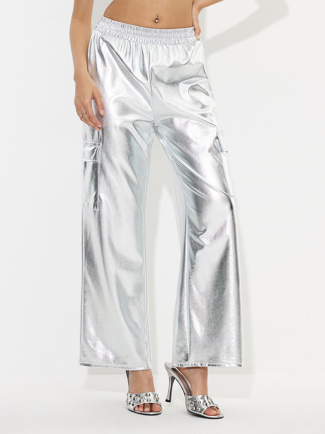 Damen Cargo-Hosen im glänzenden Metallic-Look mit elastischem Bund Drune