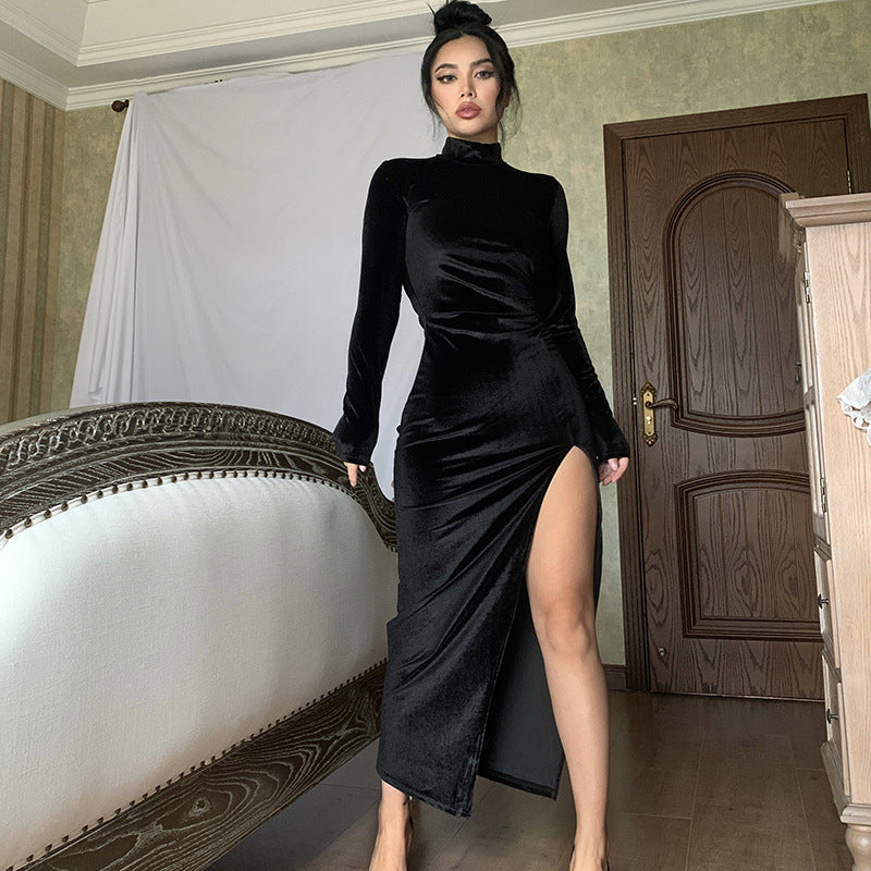 Damen Elegantes Langarm-Wickelkleid aus weichem Veloursstoff mit hohem Schlitz Drune
