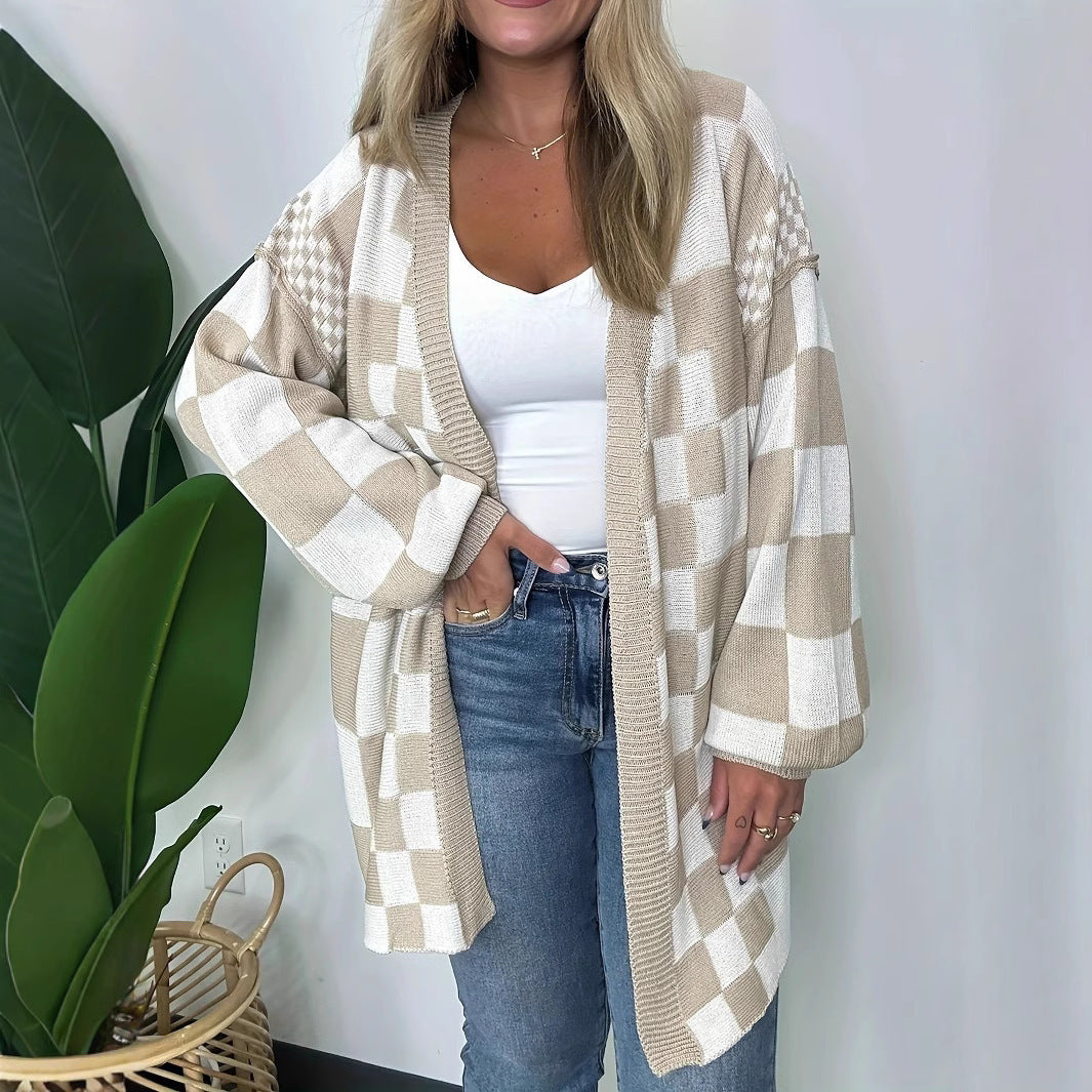 Damen Oversize Strickjacke mit Karomuster Drune