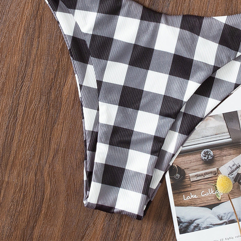 Damen Bandeau-Bikini mit Rüschen und Karomuster Drune