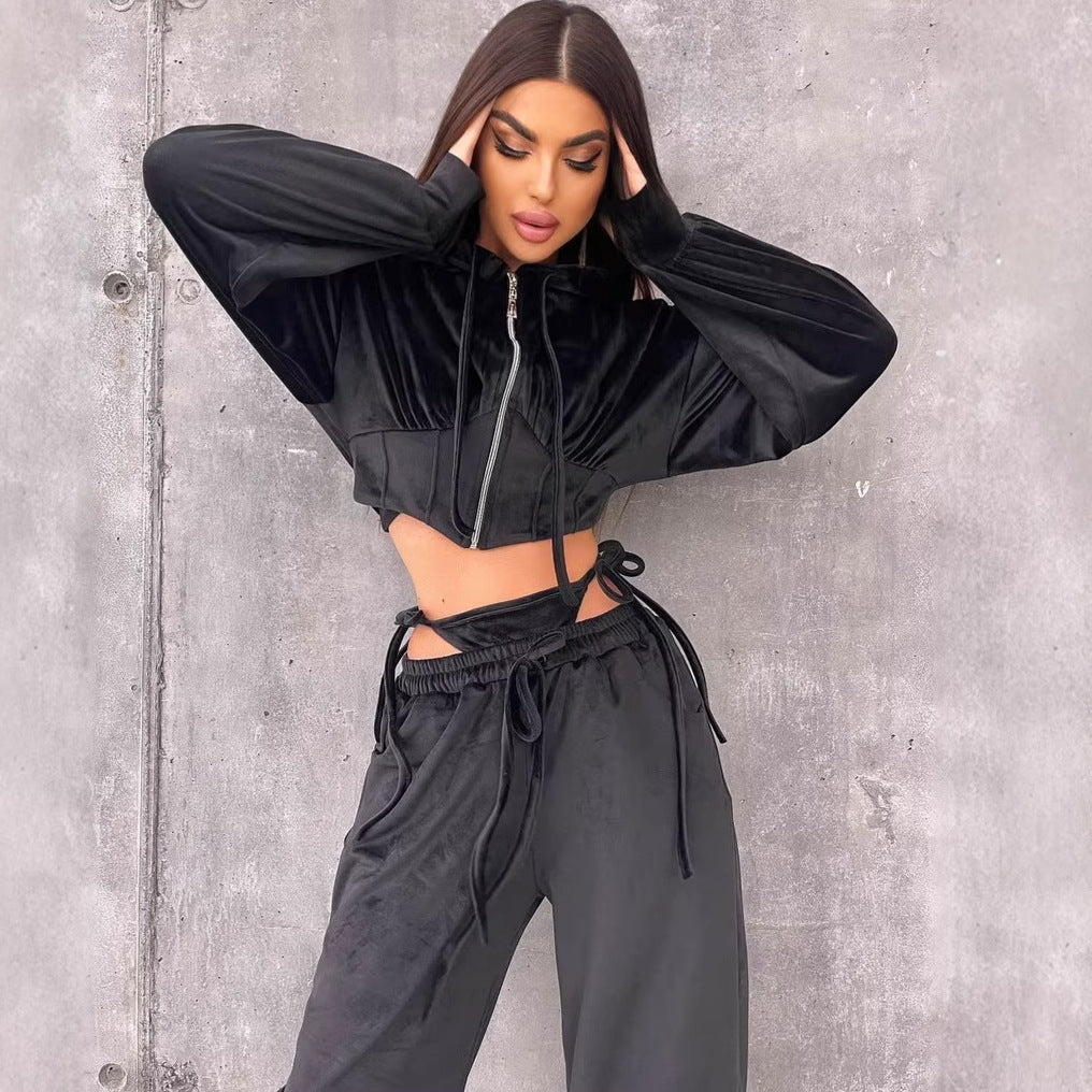 Damen Sportliches Velours-Cropped-Set mit Reißverschluss und Taillenschnitt Drune