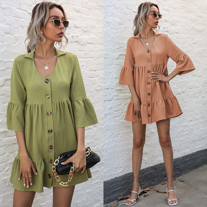 Damen lässiges Sommerkleid mit Raffungen und Knopfdetails Drune