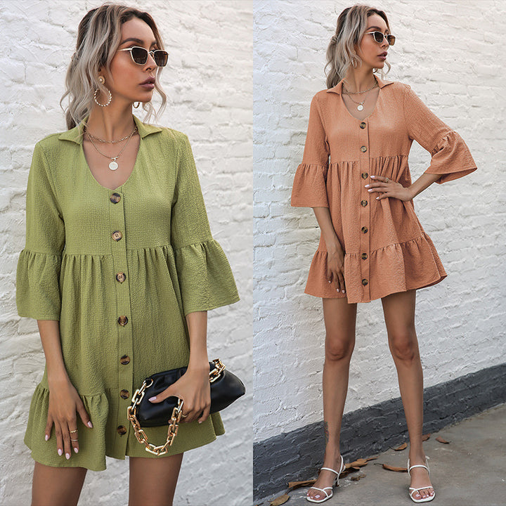 Damen lässiges Sommerkleid mit Raffungen und Knopfdetails Drune