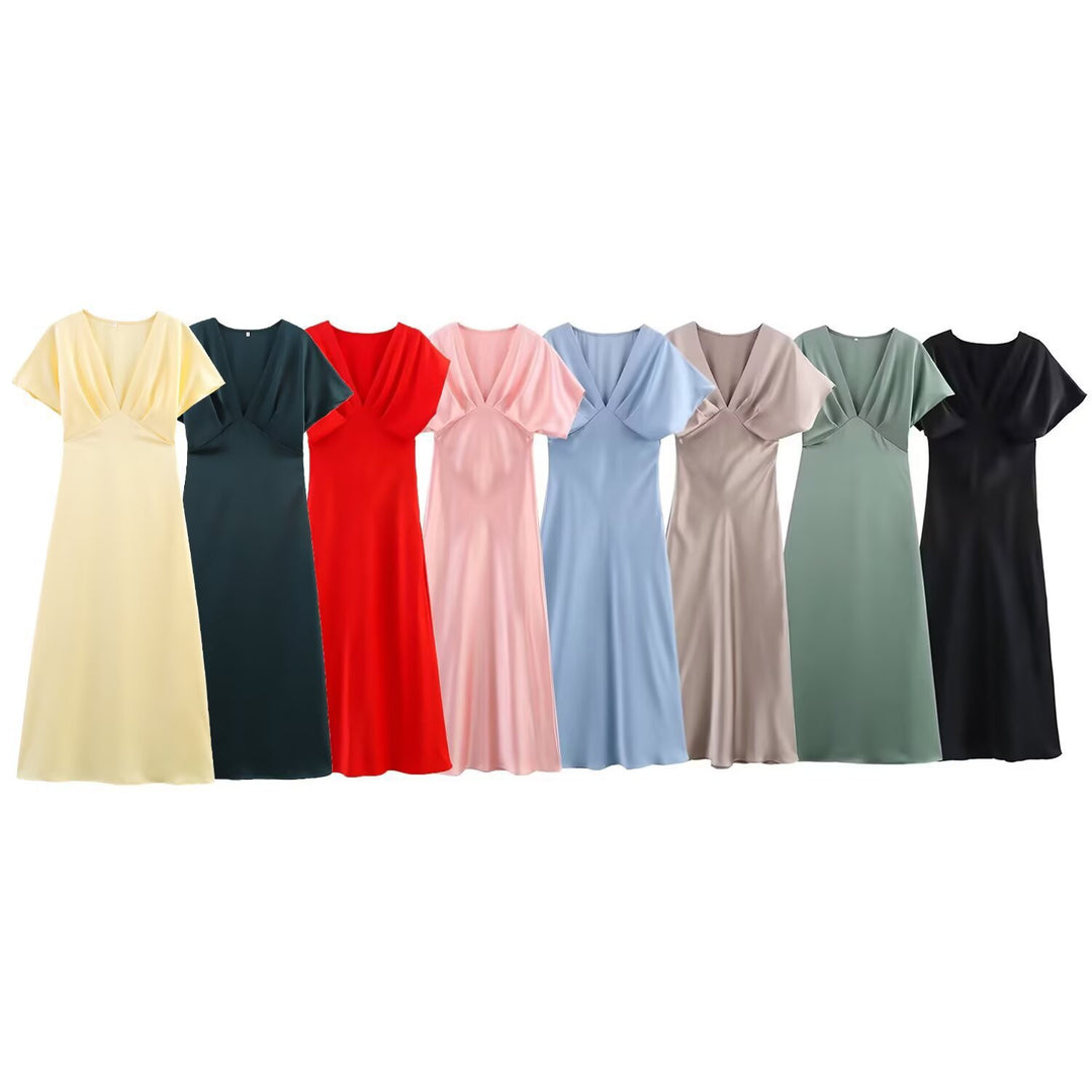 Damen Maxikleid mit elegantem V-Ausschnitt und fließendem Satin-Material Drune