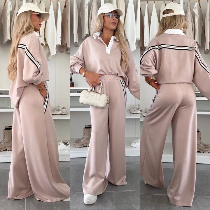Damen modisches Freizeit-Loungewear-Set mit Kragen und weiten Hosen Drune