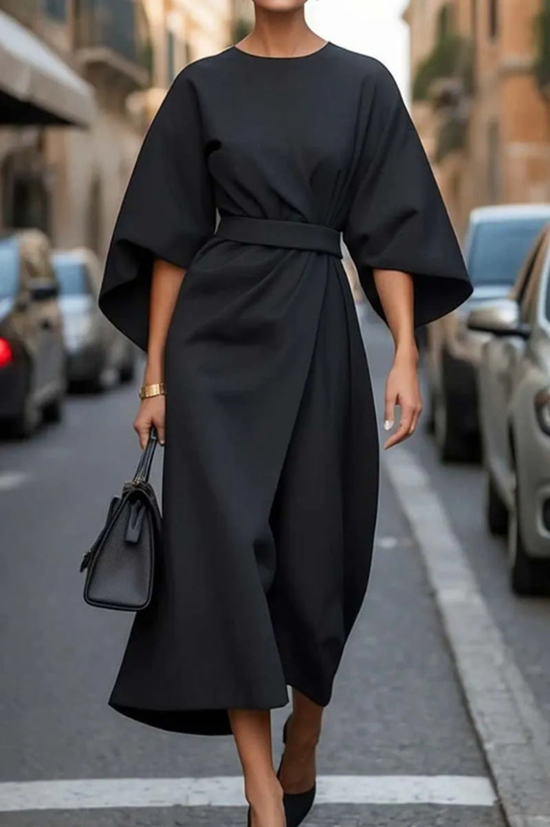 Damen elegantes Maxikleid mit oversized Ärmeln und tailliertem Gürtel Drune