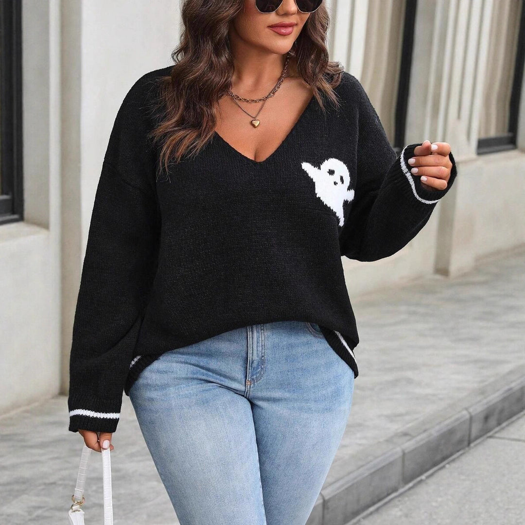 Damen Strickpullover mit Ghost-Motiv und V-Ausschnitt Drune