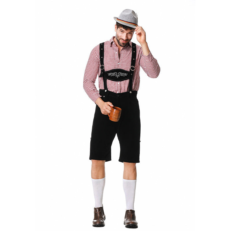 Herren nan kurze Trachtenlederhose in Veloursleder-Optik mit besticktem Brustlatz und verstellbaren Trägern Drune