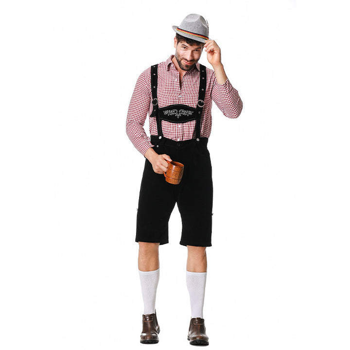 Herren nan kurze Trachtenlederhose in Veloursleder-Optik mit besticktem Brustlatz und verstellbaren Trägern Drune