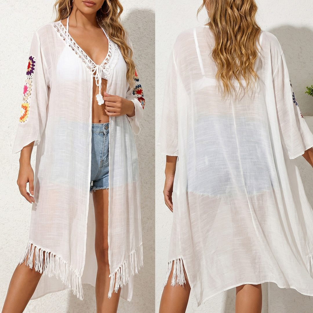 Damen luftiger und eleganter Strandkimono mit floralen Häkelakzenten Drune