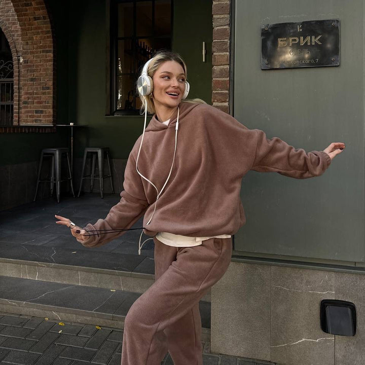 Damen kuscheliger Fleece-Jogginganzug mit hohen Bündchen und praktischen Taschen Drune