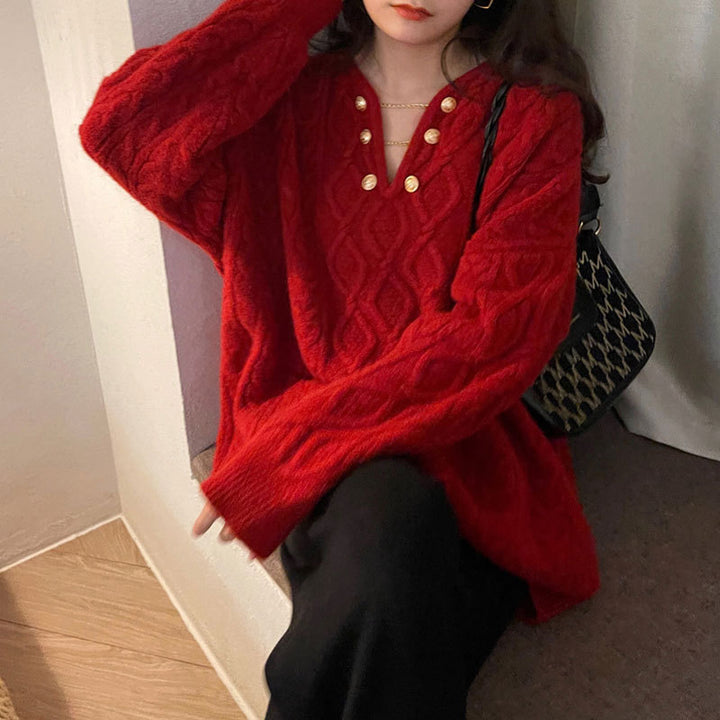 Damen Grobstrickpullover mit dekorativem Knopfverschluss und V-Ausschnitt Drune