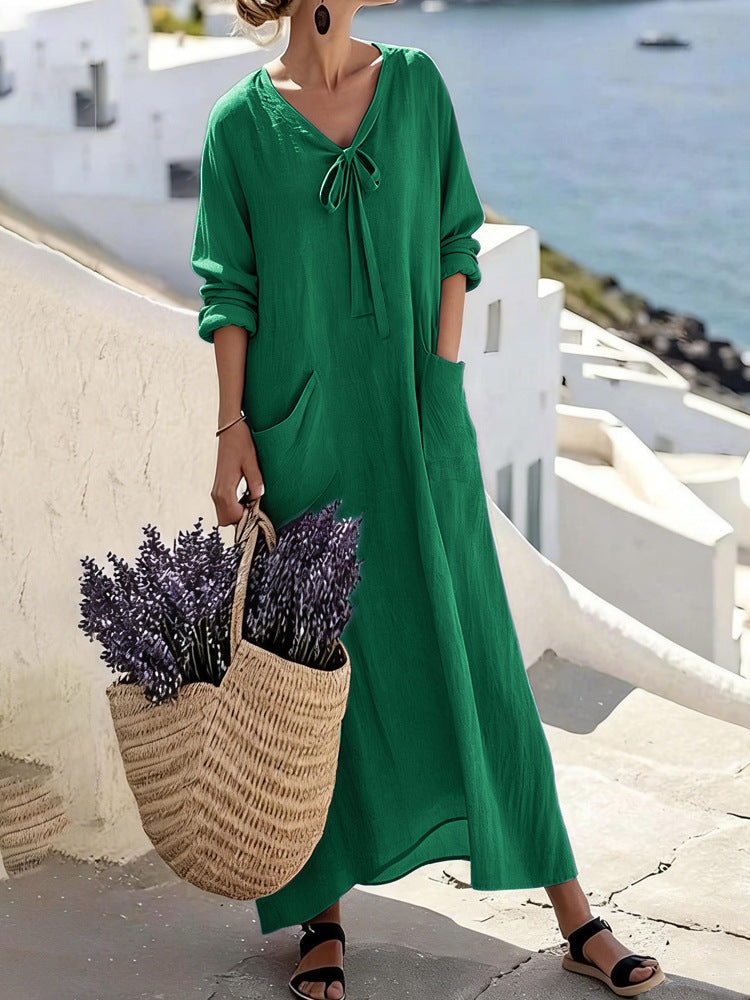 Damen Maxikleid mit seitlichen Taschen und Schleifendetails Drune