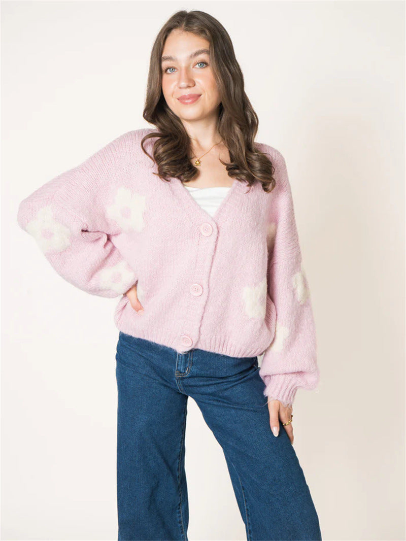 Damen Strickjacke mit floralem Muster und voluminösen Ärmeln Drune