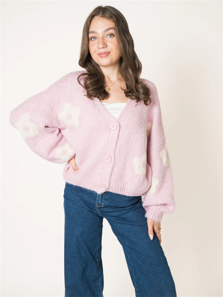 Damen Strickjacke mit floralem Muster und voluminösen Ärmeln Drune