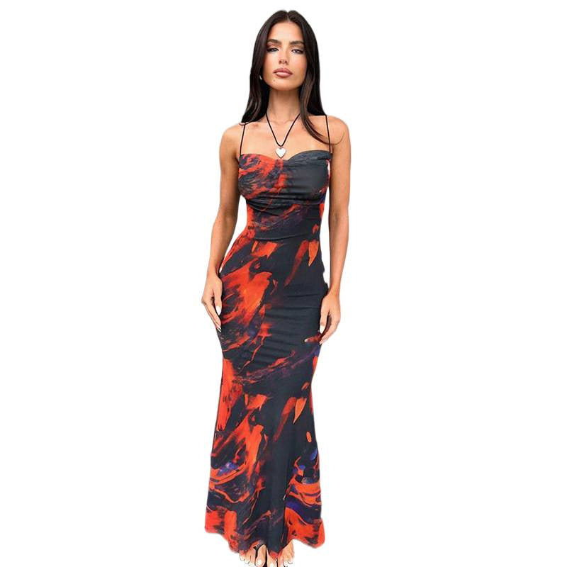 Damen Maxikleid mit elegantem Wasserfarbmuster und schmalen Spaghetti-Trägern Drune