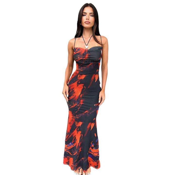 Damen Maxikleid mit elegantem Wasserfarbmuster und schmalen Spaghetti-Trägern Drune