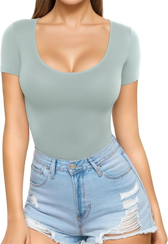 Damen figurbetontes Kurzarm-Body mit rundem Ausschnitt und nahtlosem Design Drune