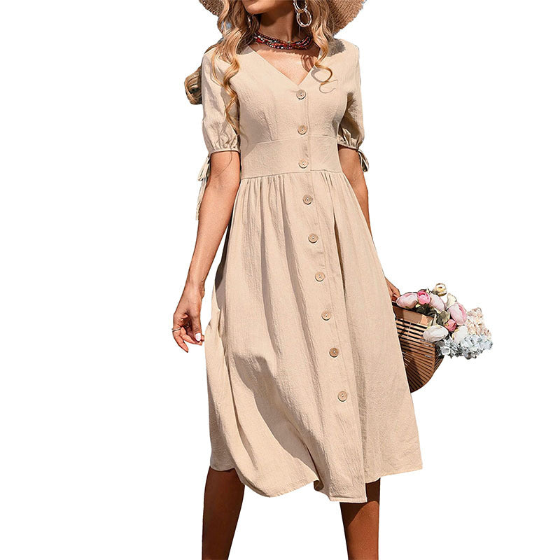Damen Button-Down A-Linie Midi Kleid mit Bindeschlaufen