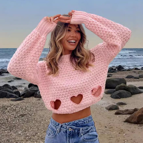 Damen Strickpullover mit Herz-Ausschnitten und lässigem Crop-Design Drune