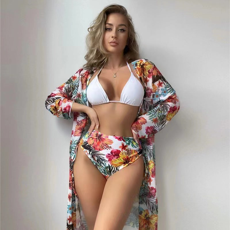 Damen Bikiniset mit hohem Bund und floralem Überwurf Drune