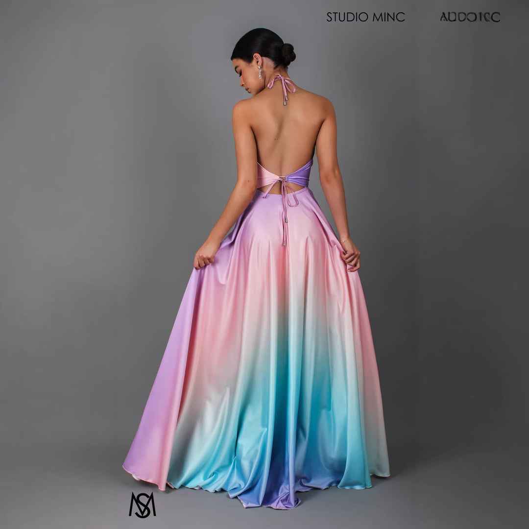 Damen Elegantes Maxikleid mit schickem Halterneck und geschmeidiger Satinoptik Drune