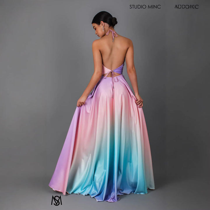 Damen Elegantes Maxikleid mit schickem Halterneck und geschmeidiger Satinoptik Drune