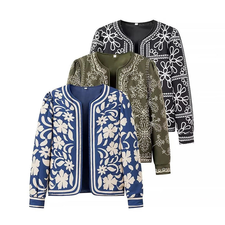Damen gestickte Blumenjacke mit Volumenärmeln Drune