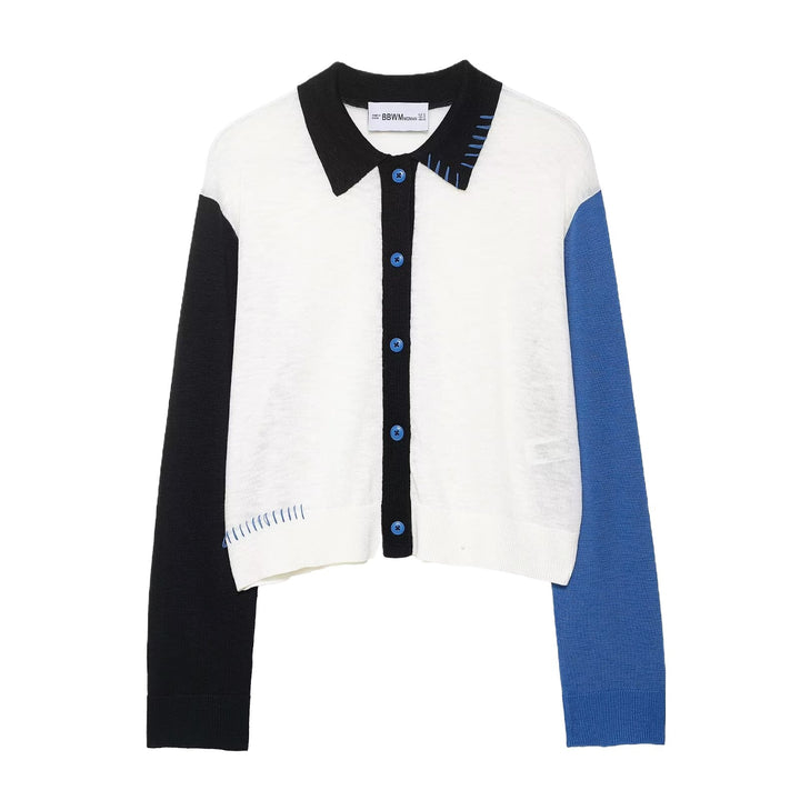 Damen modische kurzärmelige Strickjacke mit Kontrastnähten und Knopfverschluss Drune
