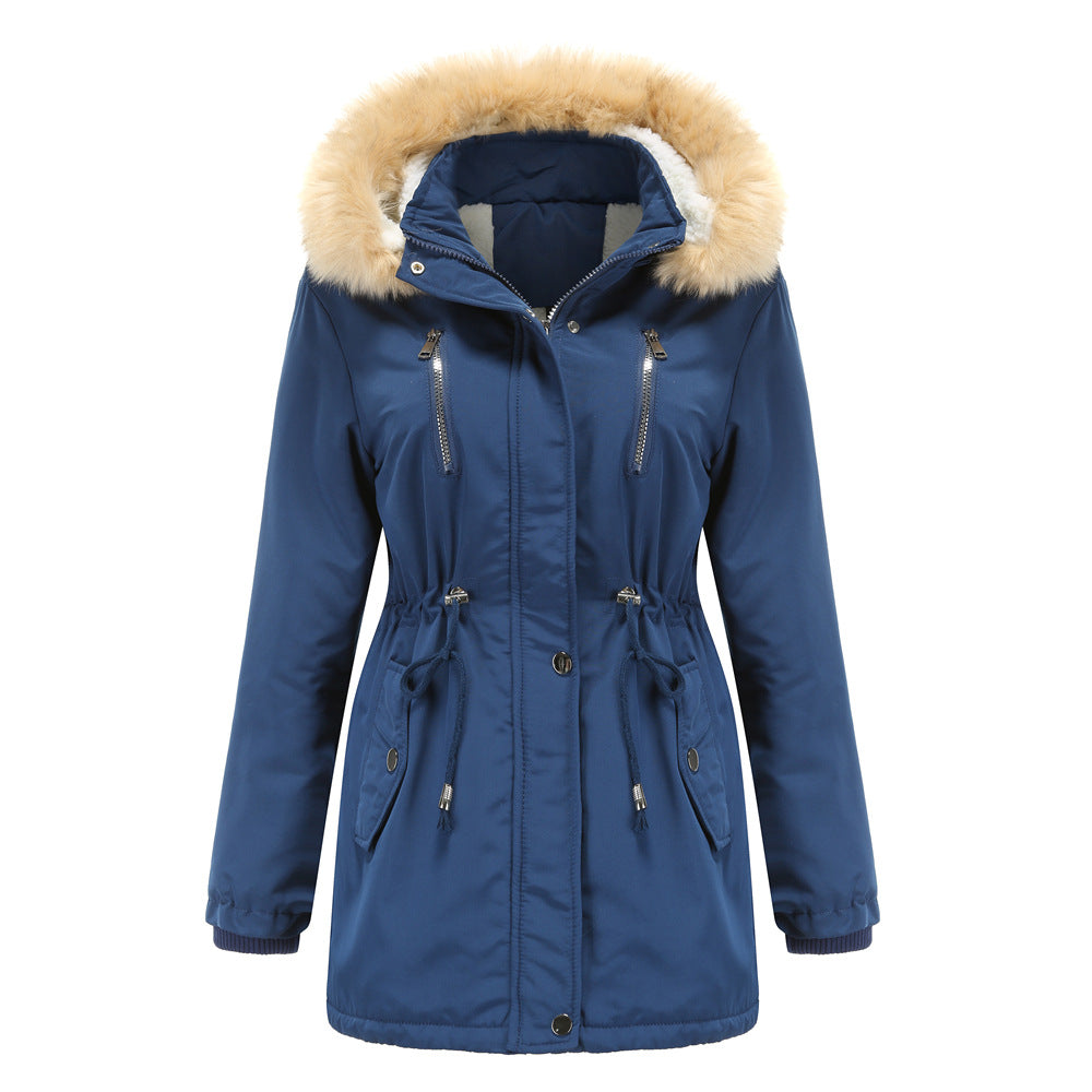 Damen modische Outdoor-Jacke mit abnehmbarem Kunstfellkragen und elastischem Taillenzug Drune