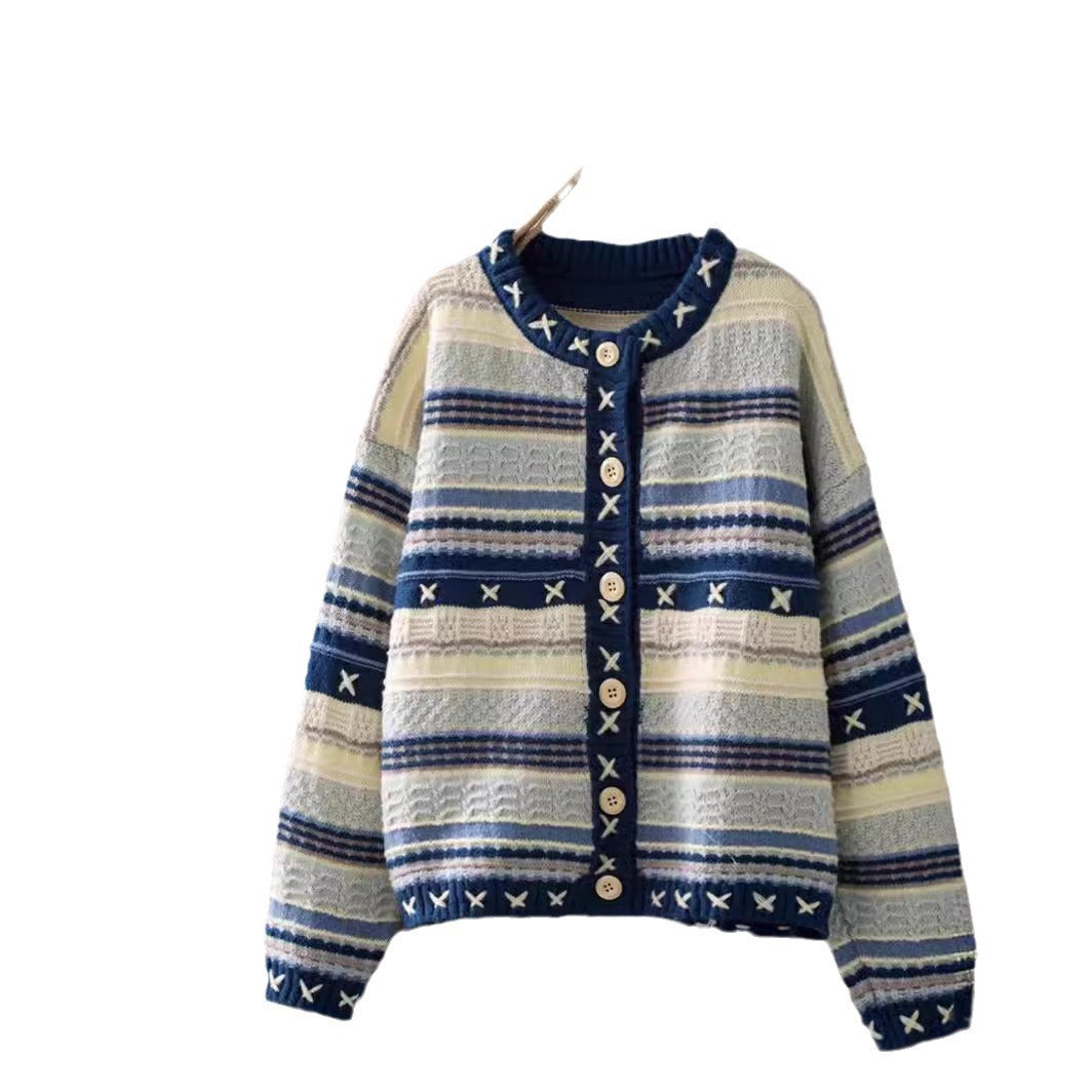 Damen Gemusterter Strickcardigan mit dekorativen Knöpfen und tiefen Taschen Drune