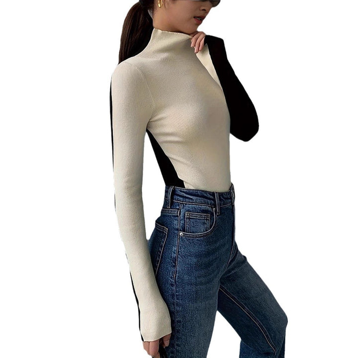 Damen Hochwertiger Rollkragenpullover mit kontrastierenden Ärmeln Drune