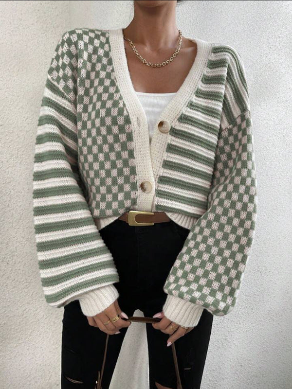 Damen Kuschelige Strickjacke mit kariertem Design und breiten Ärmeln Drune