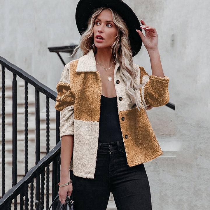 Damen trendige Teddyjacke mit modernem Patchwork-Design Drune