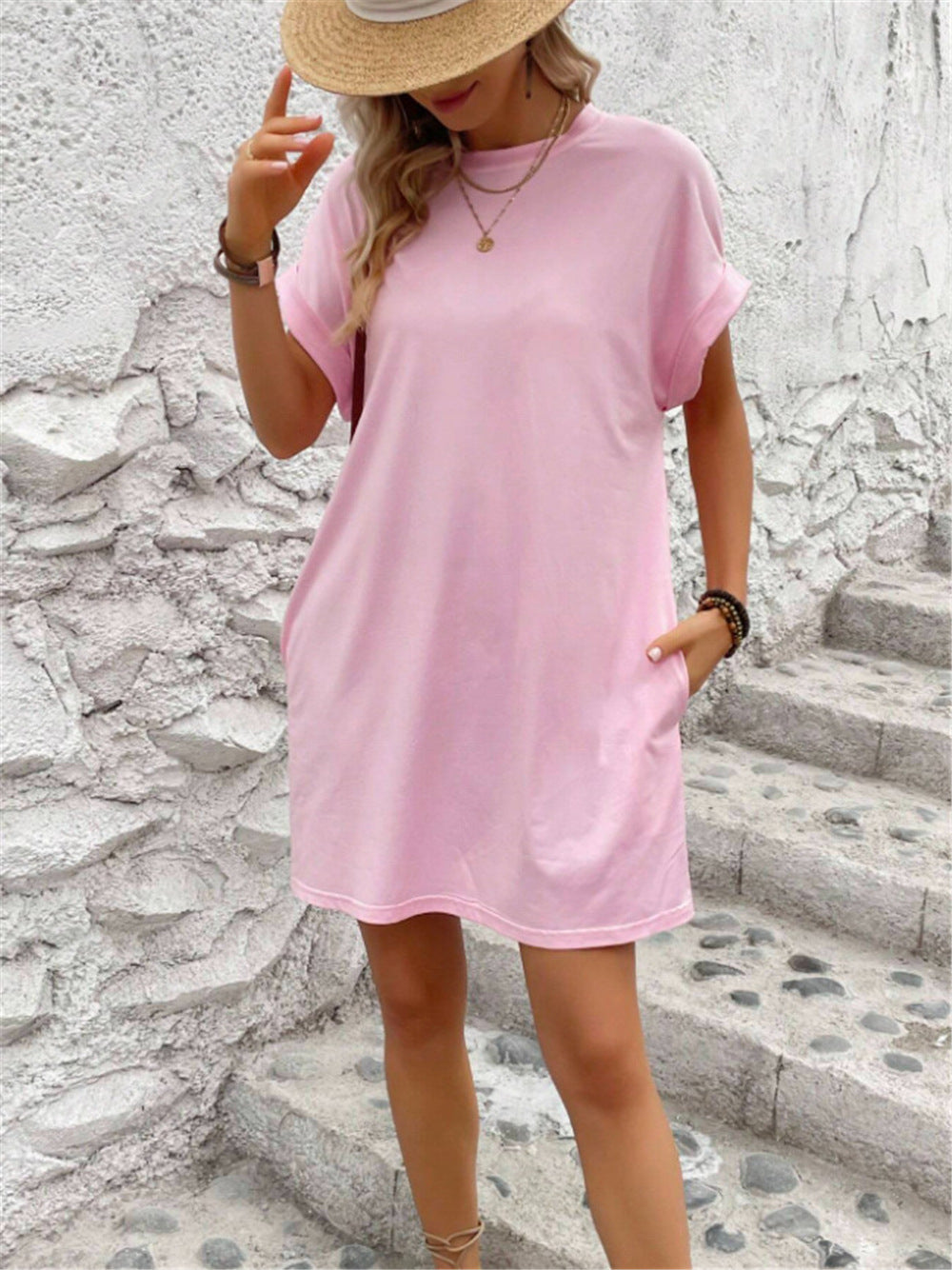 Damen lässiges Kurzarm-Dress mit Seitentaschen Drune