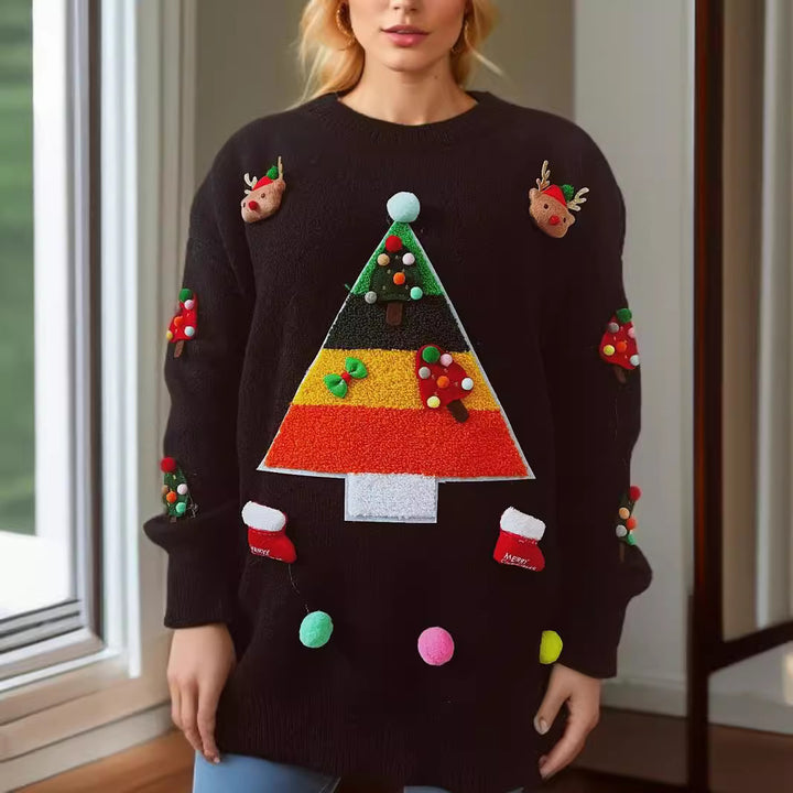 Damen Weihnachts-Pullover mit fröhlichem Weihnachtsbaum-Design und 3D-Applikationen Drune