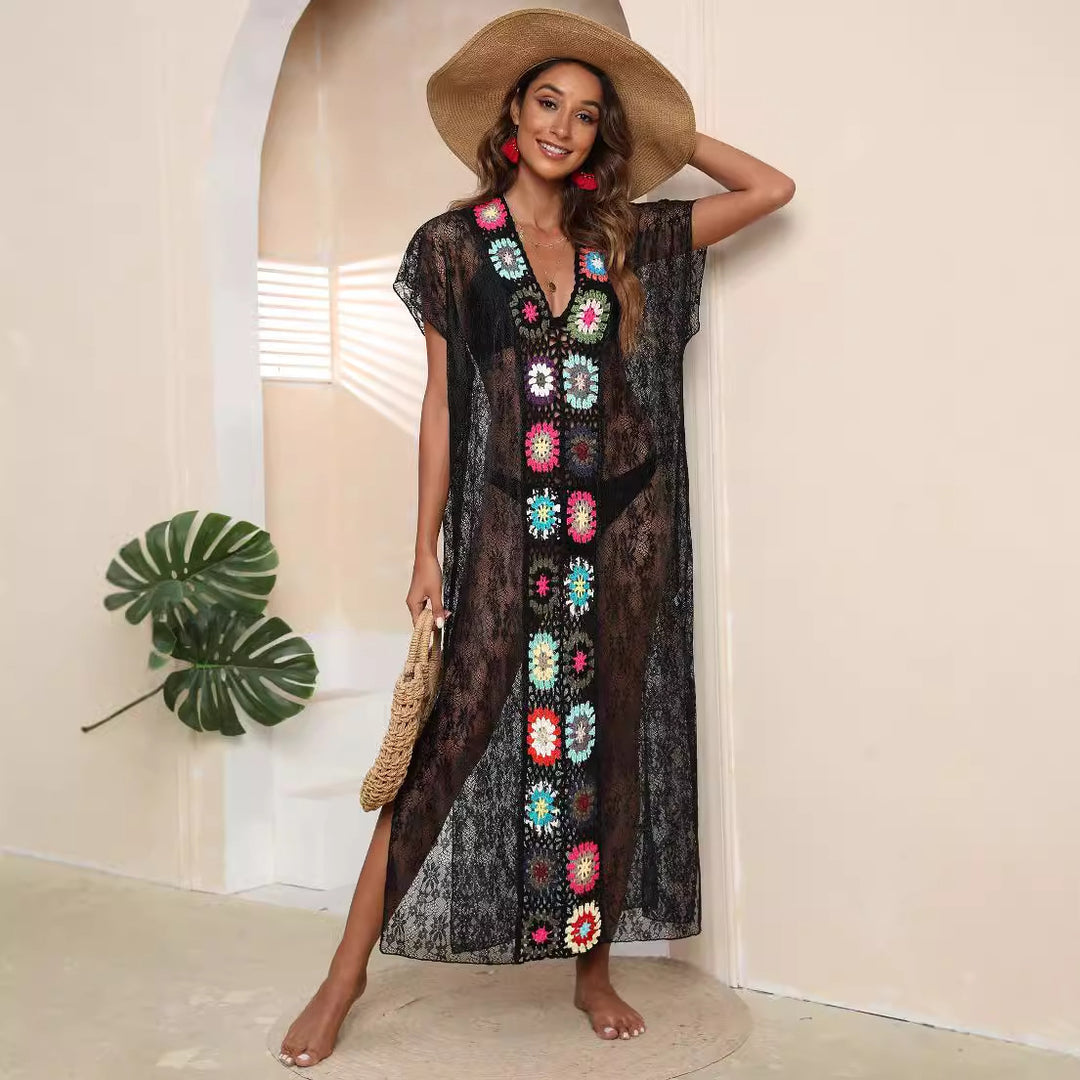 Damen Häkel-Kaftan mit fröhlichen Blumenmotiven Drune