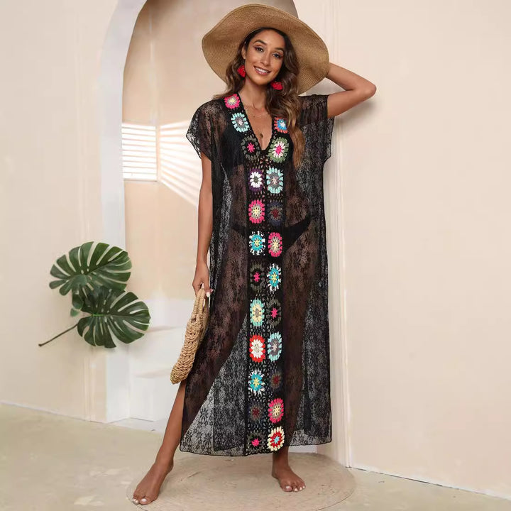 Damen Häkel-Kaftan mit fröhlichen Blumenmotiven Drune