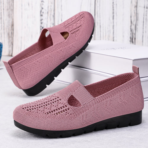 Damen nan gestrickter Slip-On Ballerina-Slipper mit elastischem Mary-Jane-Riemen und gedämpfter Keilsohle Drune
