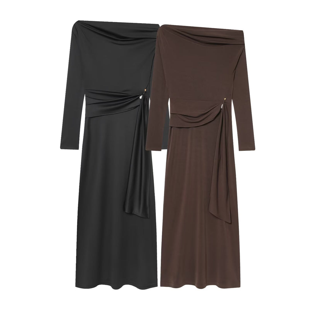 Damen elegantes Maxikleid mit asymmetrischem Ausschnitt und dekorativer Drapierung Drune