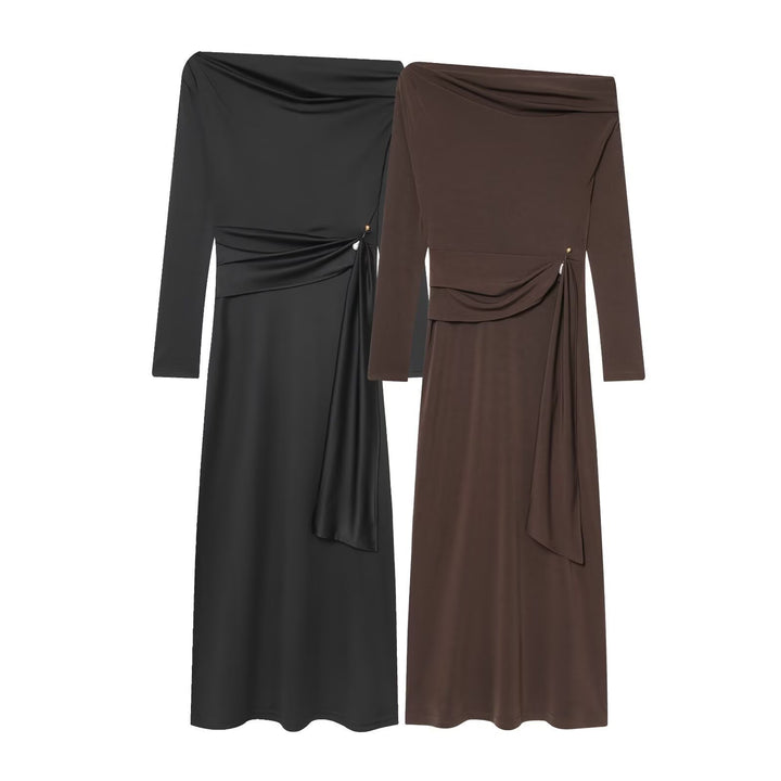 Damen elegantes Maxikleid mit asymmetrischem Ausschnitt und dekorativer Drapierung Drune