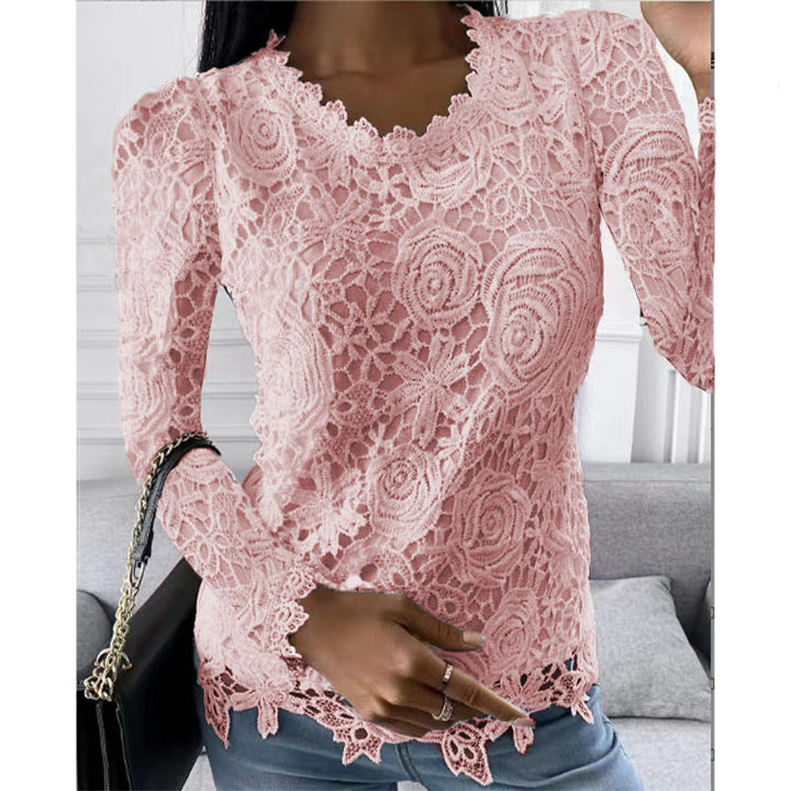 Damen nan figurbetonte Spitzenbluse mit floraler Allover-Spitze, Langarm und gezacktem Saum Drune