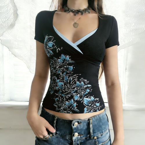 Damen figurbetontes T-Shirt mit floralem Druck und V-Ausschnitt Drune