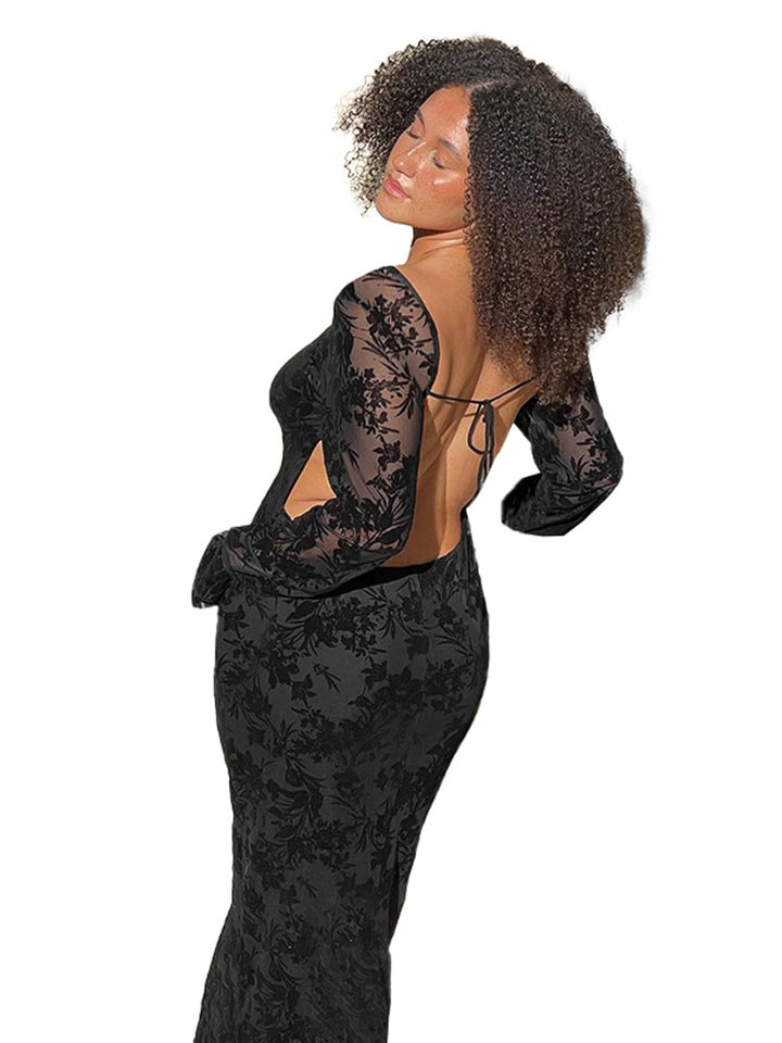 Damen Elegantes Langarmkleid mit floralen Mustern und figurbetonter Silhouette Drune