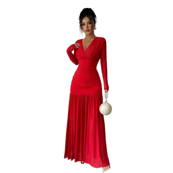 Damen Elegantes und figurbetontes Maxi-Kleid mit V-Ausschnitt und langen Ärmeln Drune