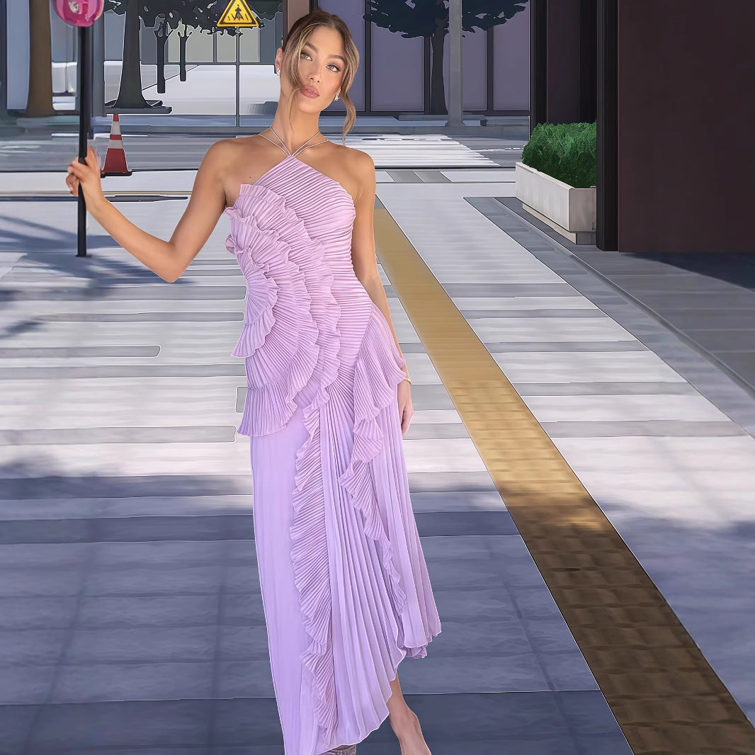 Damen Elegantes Wickelkleid mit plissierten Rüschen und asymmetrischem Saum Drune