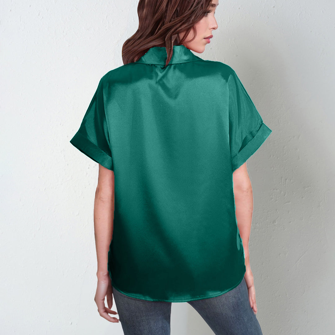Damen Stilvolle Satinbluse mit kurzen Ärmeln und kravattenähnlichem Kragen Drune