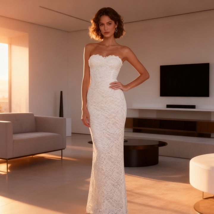 Damen Elegantes Spitzen-Maxikleid mit figurbetontem Design und süßem Rückenausschnitt Drune